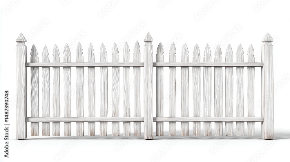 White wooden fence with pointed tops, isolated on a plain background, perfect for home boundary or garden decor in a clean and classic design