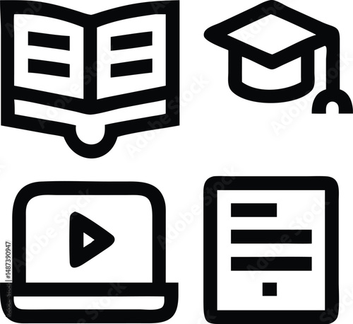 Open book, academic cap, laptop with play icon, and document icon suggest learning