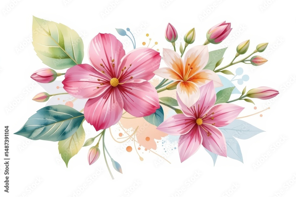 Obraz premium watercolor clipart illustration of a delicate flower bouquet placed at the top of the image with a white background, clear daylight illuminates the subject beautifully
