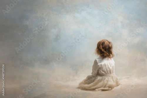 Child in White Dress Contemplating a Dreamy, Textured Sky