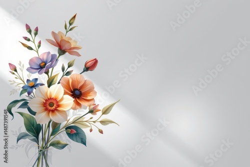 watercolor clipart illustration of a floral arrangement on the left side with white background, under rim light, plenty of copy space on the right for text.