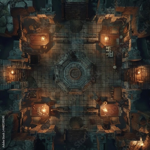 A dimly lit dungeon room with a glowing artifact, stone walls, and scattered furniture, evoking mystery and adventure.