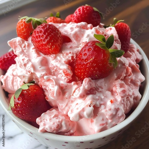 A creamy strawberry dessert in a pink polka dot bowl, topped with fresh strawberries and cream, exudes warmth and inviting homemade charm.