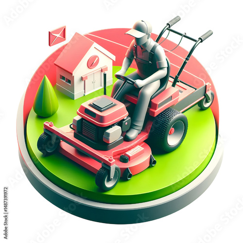 Zero-turn lawn mower lawn care logo 3D icon isolated on a white background