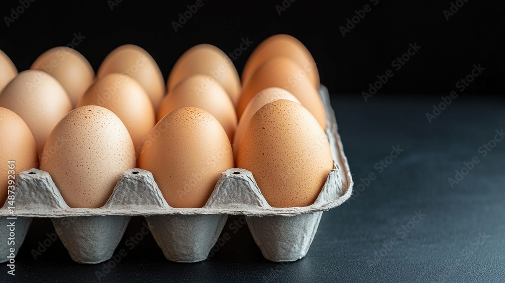 Side view: tray of eggs in studio light on dark background Side view: tray of eggs in studio light on dark background