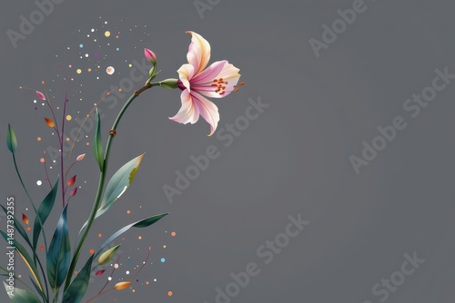 watercolor clipart illustration of a delicate flower at the top of the image, set against a white background, sparkling style with generous copy space at the bottom for text or design elements.