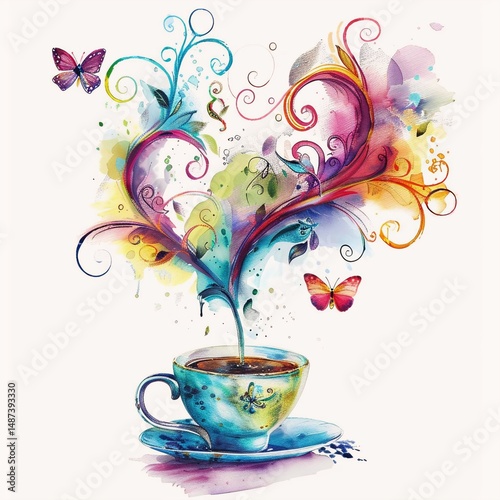 A whimsical watercolor painting of a teacup with saucer, surrounded by colorful butterflies, set against a stark white background.