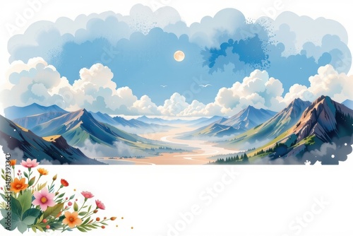 imagine a stunning watercolor clipart illustration with a crisp white background, showcasing a breathtaking low angle shot from a panoramic view in a glossy modern style