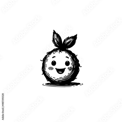 Smiling whimsical fruit character illustration on white providing joy and sweetness