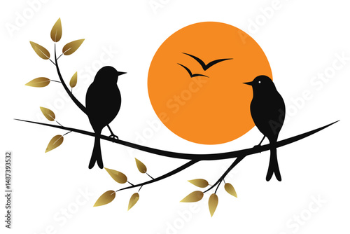 Silhouette birds resting on a branch against a sunset sky, with golden leaves
