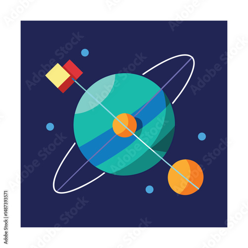 Colorful abstract illustration of a planet with satellites, orbits, and a deep space background.