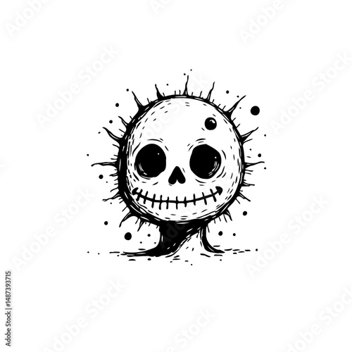 Whimsical monochrome skull illustration with spiky halo and cartoon features