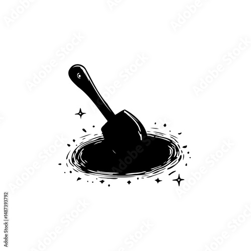 Monochrome illustration showcasing a shovel plunged into a dark, swirling abyss