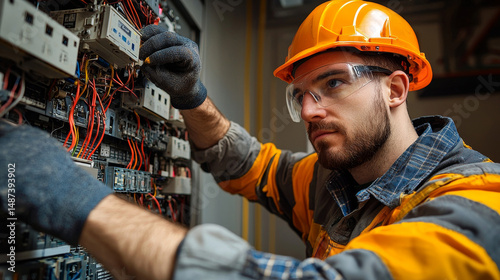 Professional male commercial electrician working on a fuse box, wearing full safety gear