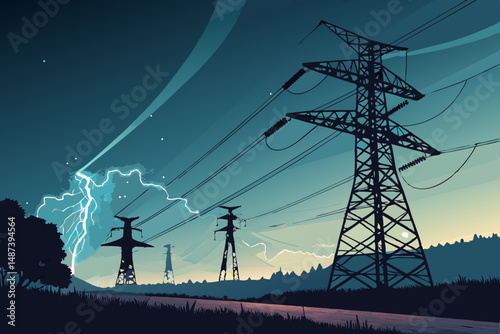 Create a vector illustration of a futuristic, glowing electric power grid infrastructure, showcasing high-voltage pylons, transmission lines, and substations. Emphasize the energy flow.