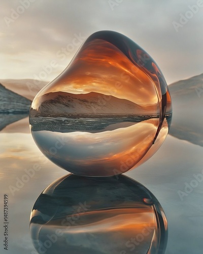A shiny, organic-shaped sculpture sits on a reflective surface, mirroring the surrounding landscape and sky, captured in a minimalist style with muted colors.