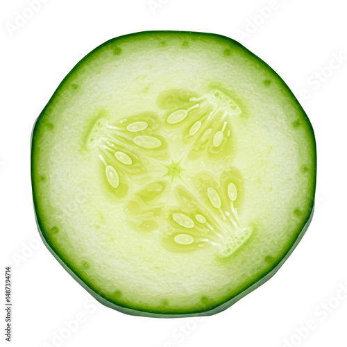 Top view of fresh cucumber slices and full cucumber isolated on transparent background, ideal for recipe cards, kitchen apps, or nutrition blogs.