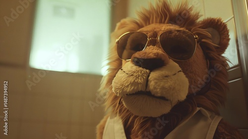 A cool, tough-guy lion in sunglasses and vest, sporting a smooth smile, poses in front of a bathroom cubicle.