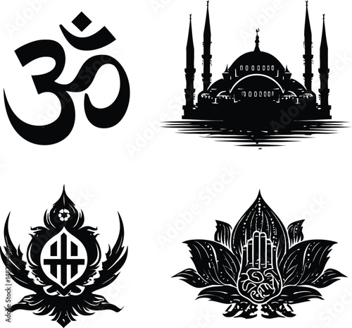 Black and White Vector Illustration Featuring Four Distinct Religious and Spiritual Symbols: Om Sign, Islamic Mosque with Minarets, Stylized Mystical Emblem, and Lotus Flower with Hand Symbol