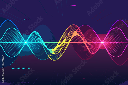 Generate a vibrant, 3D illustration of an electromagnetic wave vector, showcasing its propagation with bold, colorful, pulsating energy. Include arrows indicating direction.