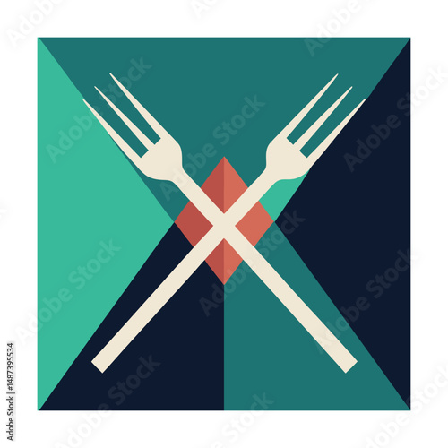 Crossed forks icon in geometric design perfect for restaurant logo and culinary concepts