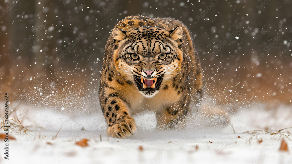 Obraz premium Majestic snow leopard charging through a blizzard, teeth bared in a powerful display of wild beauty.