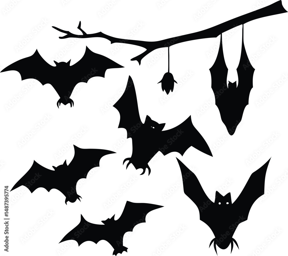 Fototapeta premium Silhouetted bats fly near tree branch with hanging bat, creating a Halloween scene