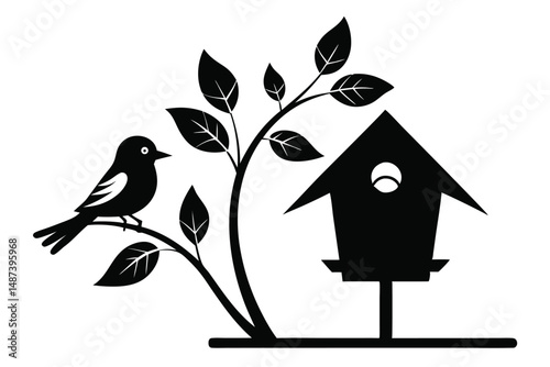 Simple black bird perches on a branch near the birdhouse icon