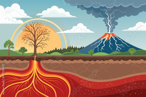 Create a bold, vector illustration depicting a geothermal energy concept.  Show underground heat source powering turbines/generators.  Include stylistic underlining.