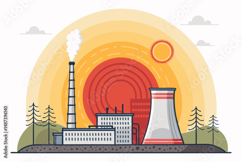 Create a bold vector illustration of a geothermal power plant, emphasizing magma energy. Include the logo "Magma Energy Co." prominently.  Style should be clean and modern.