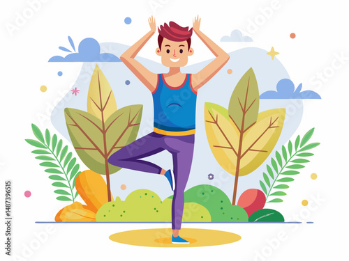 A flat vector of tree pose (Vrikshasana) with arms raised and one foot on inner thigh. White background, balance and focus concept