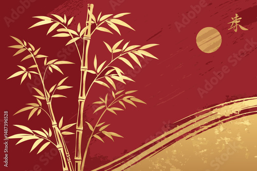 Create a striking silhouette of golden bamboo stalks against a rich crimson to deep red gradient background.  Emphasis on detailed, elegant bamboo form.