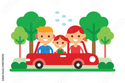 Smiling cartoon family drives a red car past trees on a sunny day