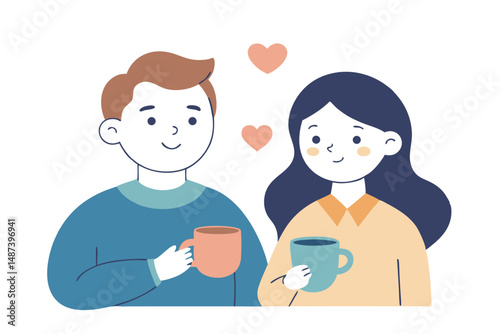 Smiling couple enjoy coffee with hearts, sharing a warm moment together in simple vector