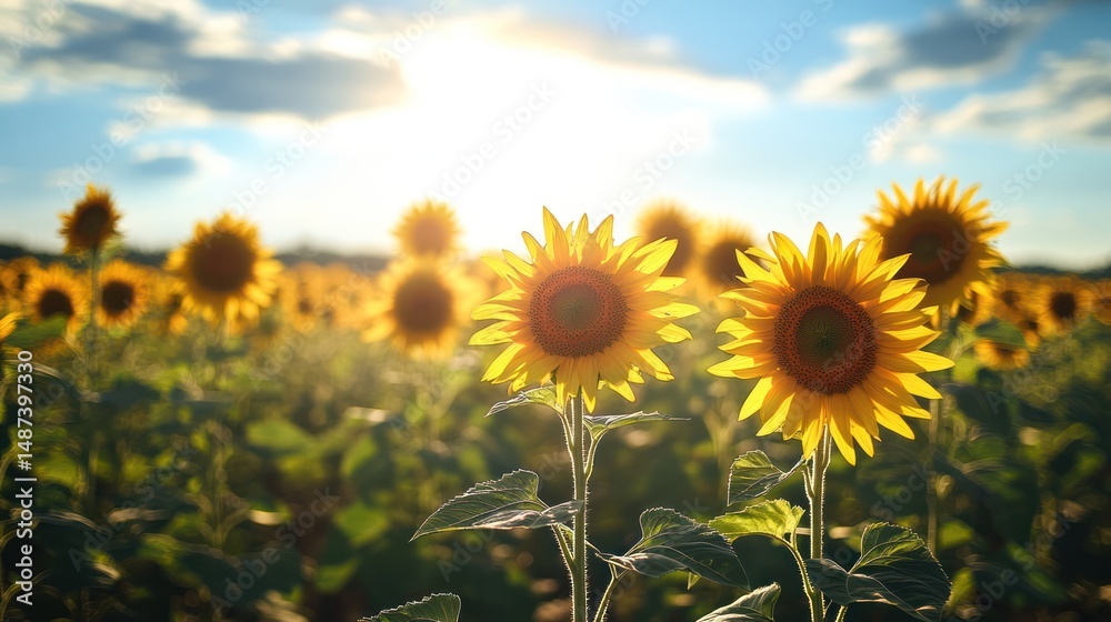 Fototapeta premium Golden Hour Sunflowers: A Serene Sunset Field