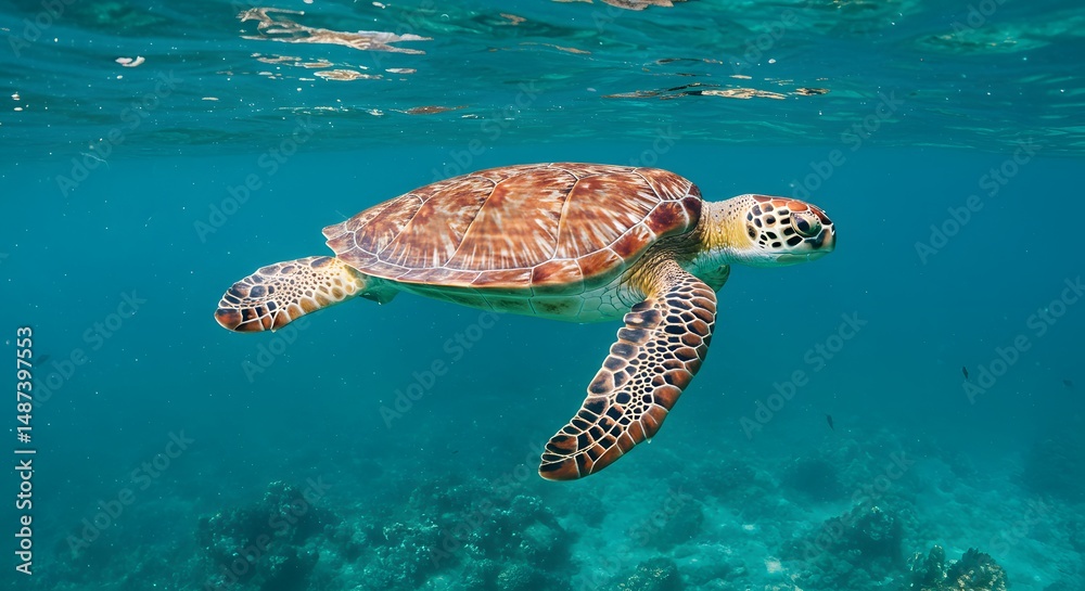 Fototapeta premium Majestic Sea Turtle Gracefully Navigating Vibrant Coral Reefs
