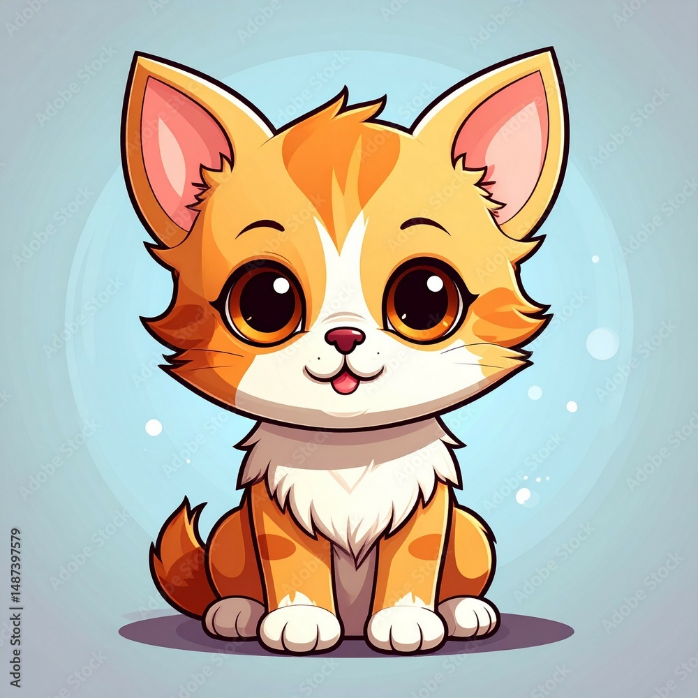 Fototapeta premium Adorable Orange Cat Character with Big Eyes and Fluffy Tail, Digital Illustration