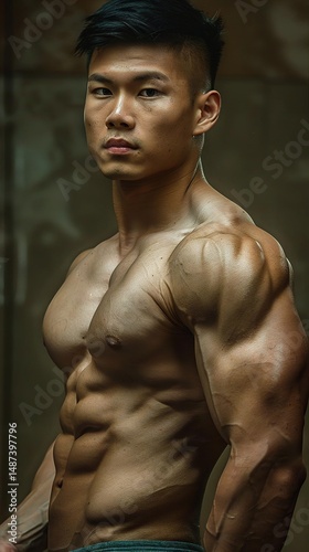 A muscular man with defined abs and pectorals looks directly at the camera with a focused expression.