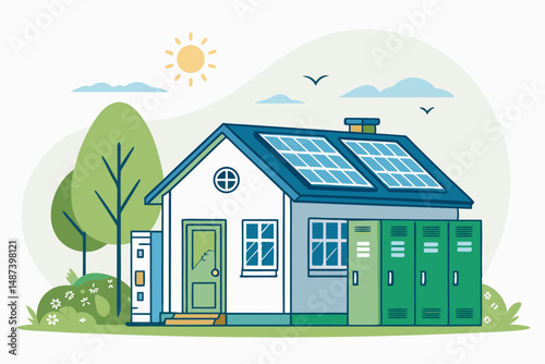 Create a vector illustration of an off-grid house powered by solar panels, showcasing energy independence. Include a detailed house and solar panel array.