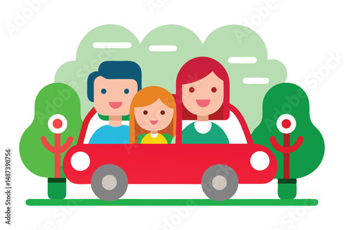Smiling family enjoys a cheerful ride in their red car amidst cartoon trees