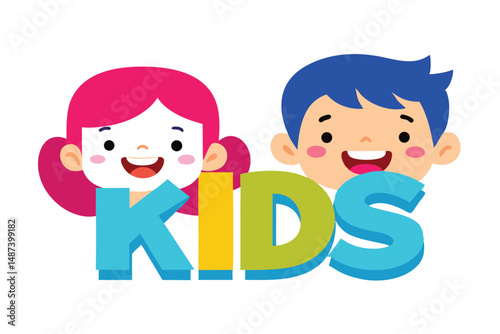 Smiling girl and boy appear behind the word kids in colorful text