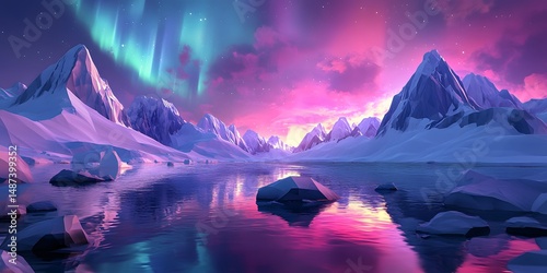 A serene, snow-capped landscape reflects a vibrant aurora.