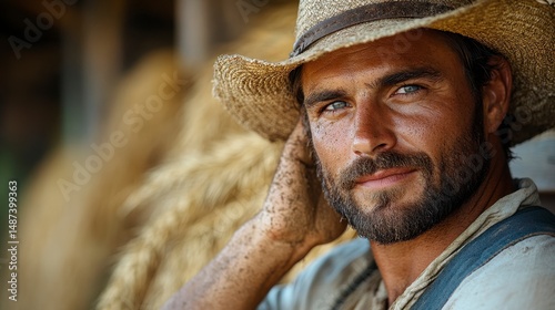 Bearded man wearing hat smiles, rustic backdrop