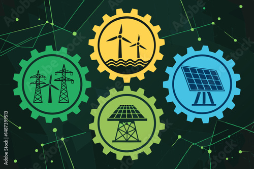 Design vibrant, bold icons representing various renewable energy sources (solar, wind, hydro, geothermal) set against an abstract, colorful background.  Focus on clean, modern aesthetics.