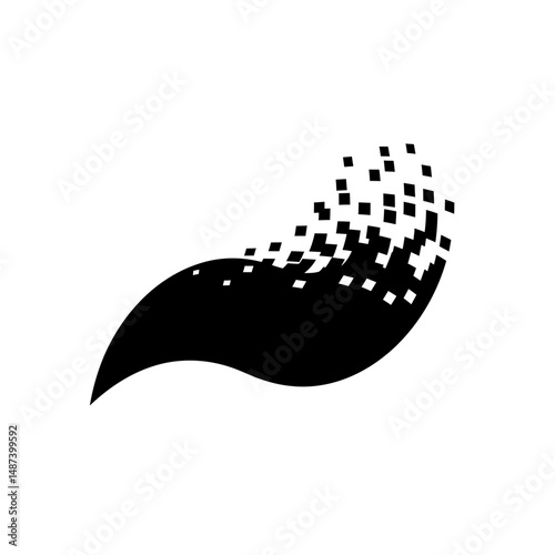 Digital Wave: An abstract visual representation of a digital wave composed of black pixels cascading away, symbolizing data flow, innovation, and technological progress.