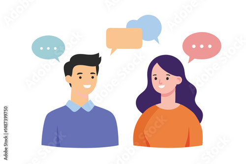 Smiling man and woman communicate using colorful speech bubbles as they share their opinions
