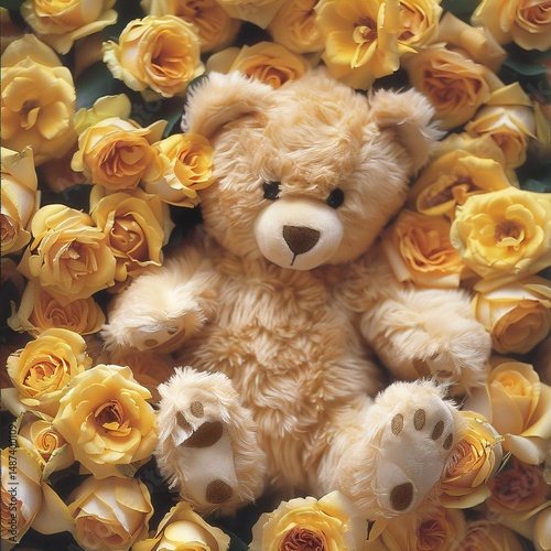 A soft, plush teddy bear sits amidst vibrant yellow roses, its friendly face and paws gently resting on the petals, exuding tranquility and warmth.