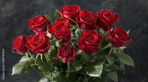 Fresh red rose bouquet with sharp focus on petals and blurred black background for depth