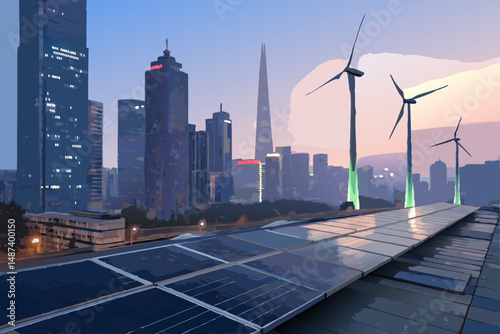 Futuristic smart city skyline, bold, modern architecture with solar panels on rooftops, clean energy sources powering the city.