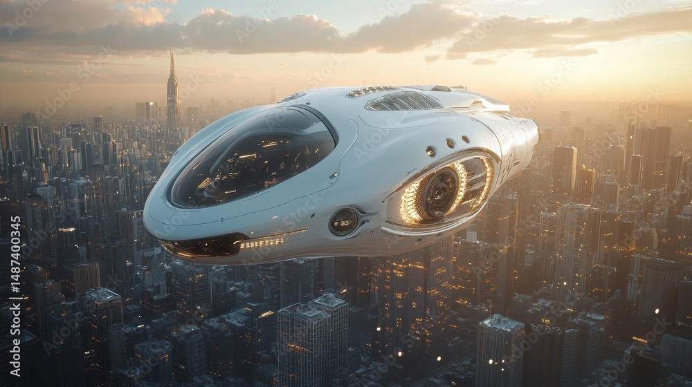 Fototapeta premium Futuristic White Spaceship Flying Over a City at Sunset
